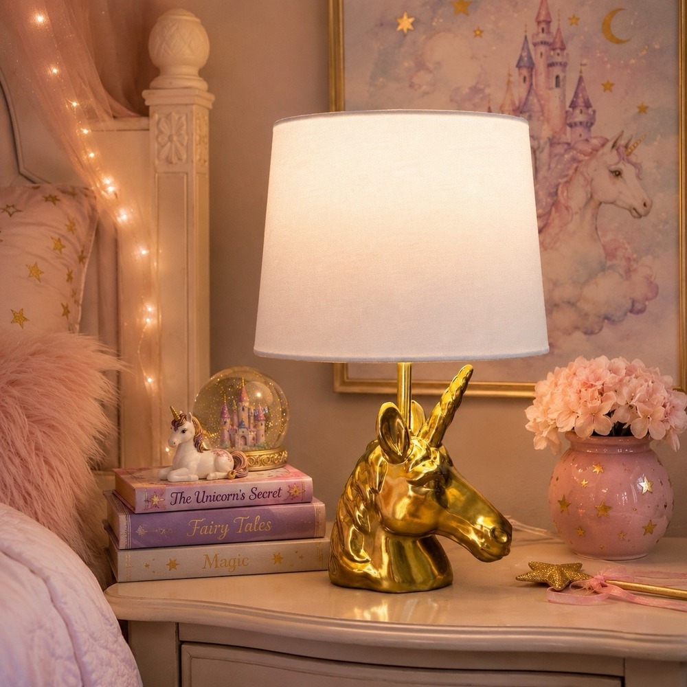 Gold Unicorn Head Table Lamp 17" Tall Metal Base White Drum Shade Works